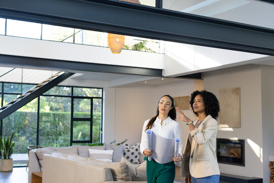 Two women reviewing rolled plans while standing in modern living room near glass, copy space