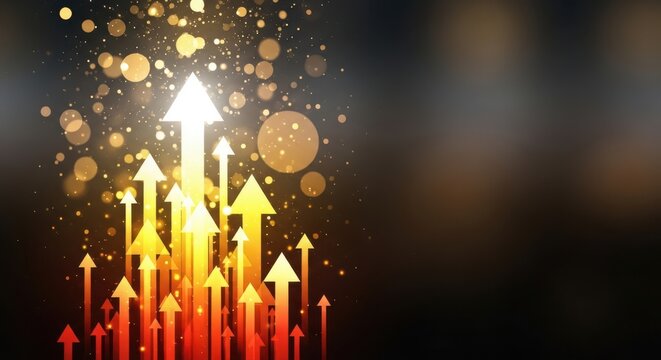 Vibrant arrows rising upwards with sparkling golden bokeh on dark background