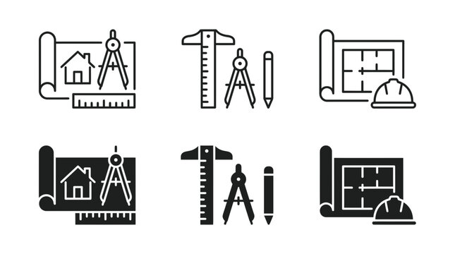 Architectural design and construction icons set with blueprints drafting tools hard hat, architecture