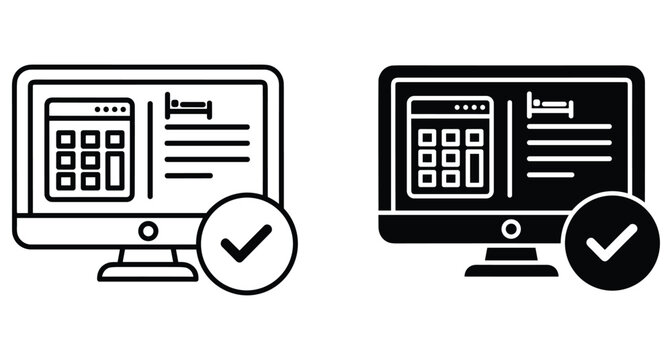 Online hotel booking confirmation icon set showing computer monitor with calendar bed symbol and checkmark for successful room reservation service