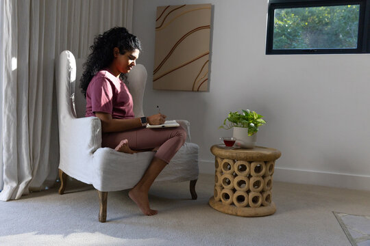 Indian adult woman writing in armchair by window, in rose-top, notebook pen, plant cup, copy space