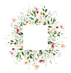 Obraz premium Watercolor floral square border frame. Meadow peach poppy, red rose, orange, pink flowers, turquoise eucalyptus branches, green leaves, herb. Hand drawn illustration. Artistic template design