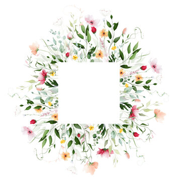 Watercolor floral square border frame. Meadow peach poppy, red rose, orange, pink flowers, turquoise eucalyptus branches, green leaves, herb. Hand drawn illustration. Artistic template design