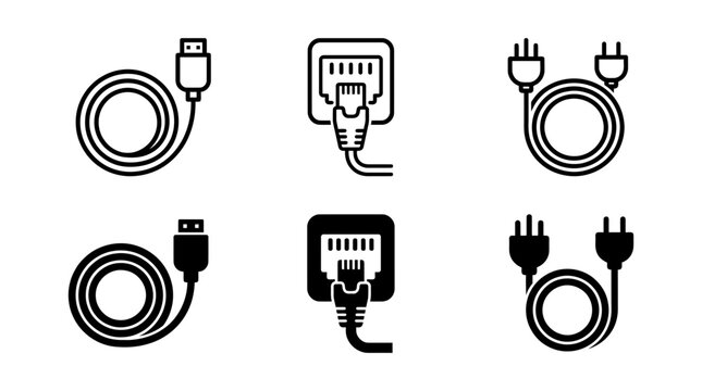 Technology connection cables and ports icon set with usb ethernet power plugs ethernet connection electric