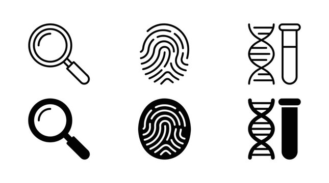 Forensic science investigation and genetic research icons featuring magnifying glass fingerprint DNA, forensic