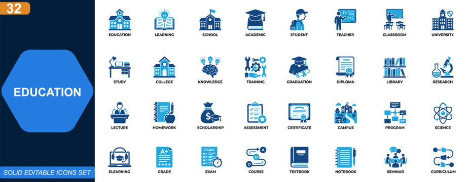 Education icon set. Learning, school, academic, student, teacher, classroom, university, training, knowledge. Editable icons collection. Vector.