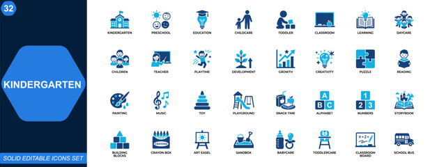 Kindergarten icon set for early education and preschool learning. Childcare, classroom, toddler development, play activities, teacher resources, daycare. Editable icons collection. Vector.