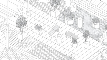 Isometric urban plaza vector illustration of public park with benches and planters. © marjan