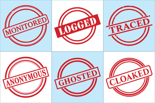 A flat vector graphic featuring six circular stamps with text: 'Monitored,' 'Logged,' 'Traced,' 'Anonymous,' 'Ghosted,' and 'Cloaked.' Concepts related to surveillance, privacy, and anonymity.