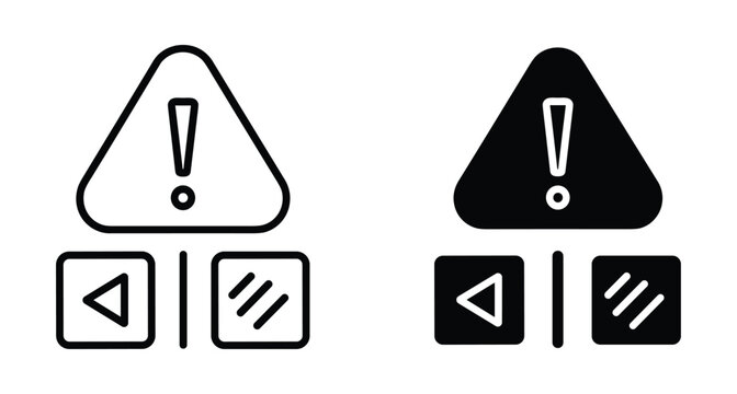 Warning alert icon set with exclamation mark triangle and navigation buttons for interface design error notification and system message display