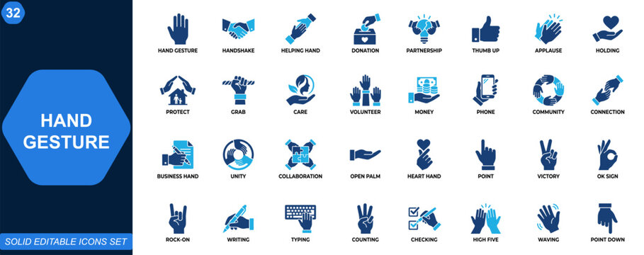 Hand gesture icon set. Handshake, helping hand, donation, support, partnership, teamwork, charity, trust, communication, agreement, care. Editable icons collection. Vector.