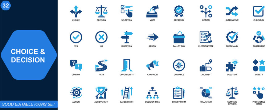 Choice and decision making icon set. Selection, voting, approval, alternative options, yes no, checkbox, direction arrows, opportunity paths. Editable icons collection. Vector.