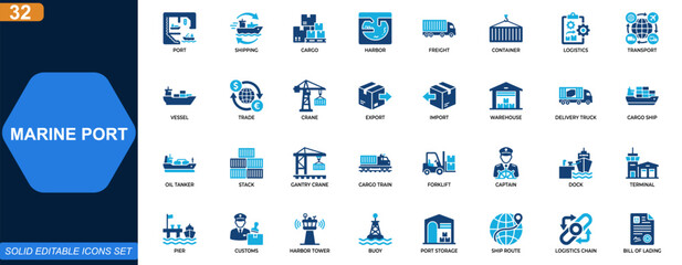 Marine port icon set. Shipping, cargo, harbor, freight, container logistics, seaport transport, vessels, cranes, international trade. Editable icons collection. Vector. © aura studio
