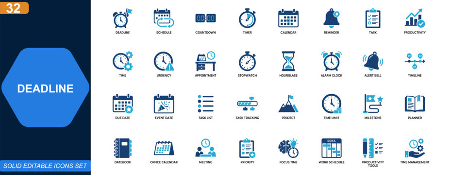 Deadline and Time Management Icon Set. Schedule, countdown, timer, calendar, urgency, reminder, task tracking, productivity tools. Editable icons collection. Vector.