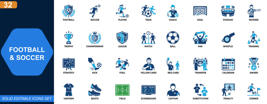 Football and soccer icon set. Player, coach, team, goal, stadium, referee, trophy, championship league, match strategy. Editable icons collection. Vector.