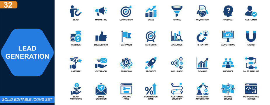 Lead generation icon set. Marketing funnel, conversion, sales growth, customer acquisition, prospect targeting, campaign analytics, revenue optimization. Editable icons collection. Vector.