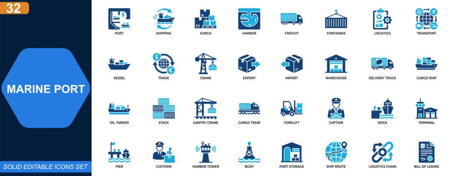 Marine port icon set. Shipping, cargo, harbor, freight, container logistics, seaport transport, vessels, cranes, international trade. Editable icons collection. Vector.