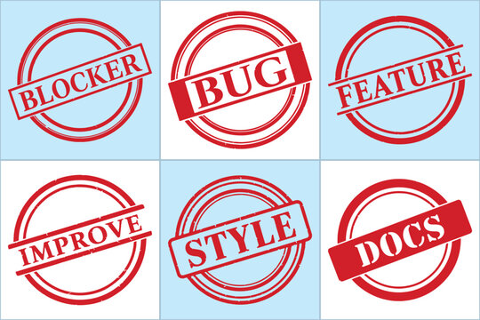 Vector illustration of six red circular stamps labeled: BLOCKER, BUG, FEATURE, IMPROVE, STYLE, DOCS on a blue grid background.