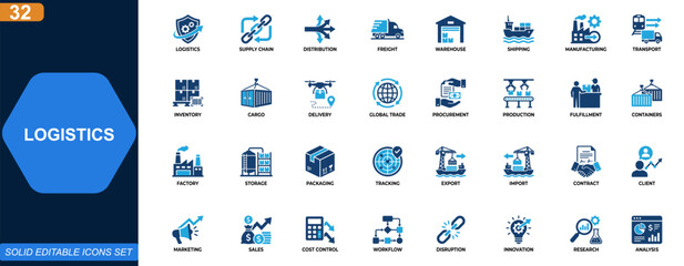 Logistics and supply chain icon set. Distribution, freight, warehouse, shipping, manufacturing, transport, global trade, inventory management. Editable icons collection. Vector. © aura studio