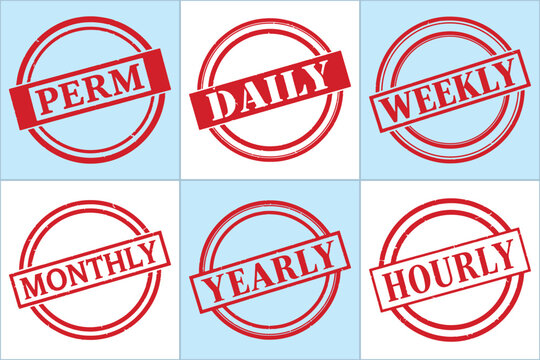 A flat vector graphic featuring six circular stamps labeled PERM, DAILY, WEEKLY, MONTHLY, YEARLY, and HOURLY on a light blue background.