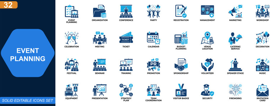 Event planning and organization icon set. Conference, party, marketing, registration, management, workshop, celebration, ticketing. Editable icons collection. Vector.