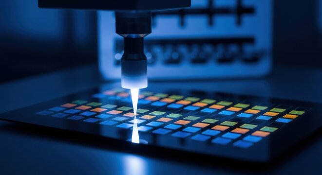 A machine is testing a colorful grid of squares with a bright light on a dark background with blurry equipment