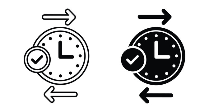 clock icon set with checkmark and arrows representing time management scheduling efficiency history future process completion synchronization and business workflow