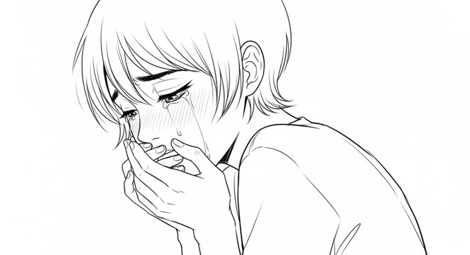 Sad Young Person Crying Emotionally with Hands Covering Mouth.