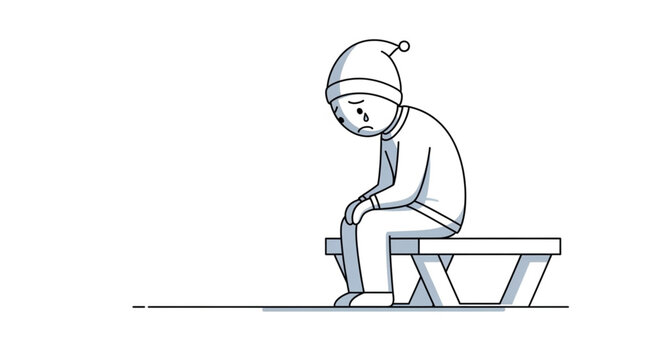 Sad Child Wearing Pajamas and Nightcap Sitting Alone on Bench.