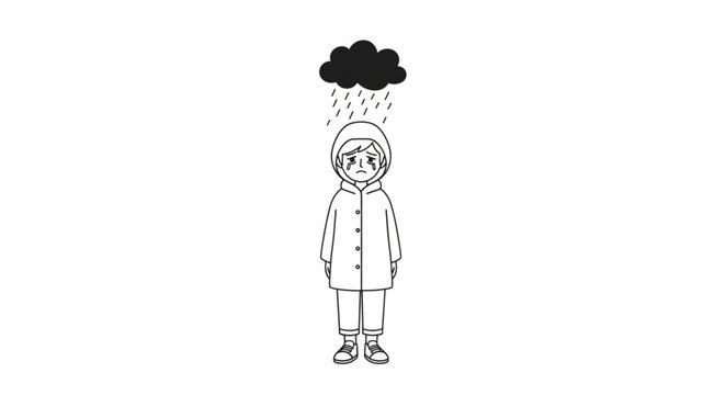 Sad child wearing raincoat under a rain cloud illustration.