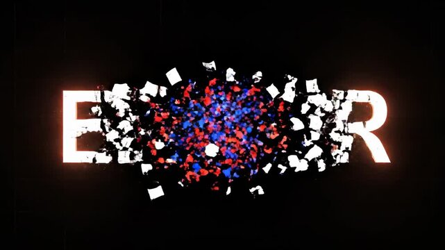 A dramatic explosion of fragmented particles and bright abstract colors erupts between the stark white letters forming the word 'ERROR' against a deep shadow abyss, symbolizing technological
