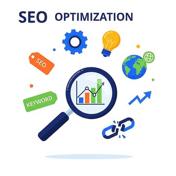 Seo optimization illustration magnifying glass chart globe and gear icon
