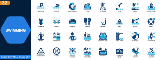 Swimming icon set. Swimmer, aquatic sports, pool equipment, lifeguard, diving, beach recreation, water fitness. Editable icons collection. Vector. © aura studio