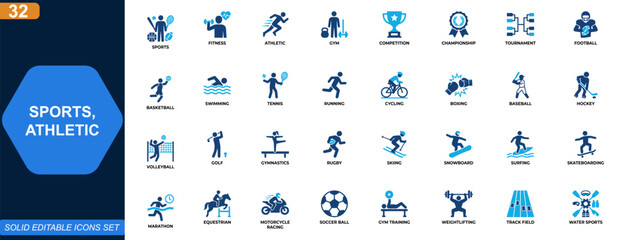 Sports and athletic activities icon set. Fitness, gym training, football, basketball, swimming, tennis, running, competition, championship. Editable icons collection. Vector.