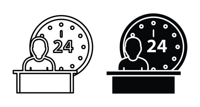 Twenty four hour customer service support icon set featuring receptionist at desk with clock symbol for constant business help and assistance availability