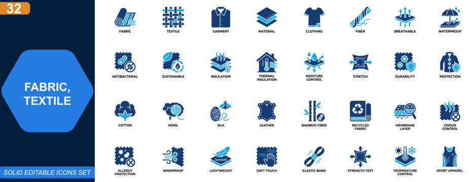 Fabric and textile properties icon set. Breathable, waterproof, antibacterial, sustainable, thermal insulation, moisture control, stretch, durability. Editable icons collection. Vector.