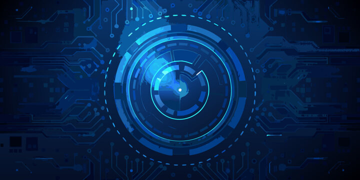futuristic circular hud interface with circuit board background