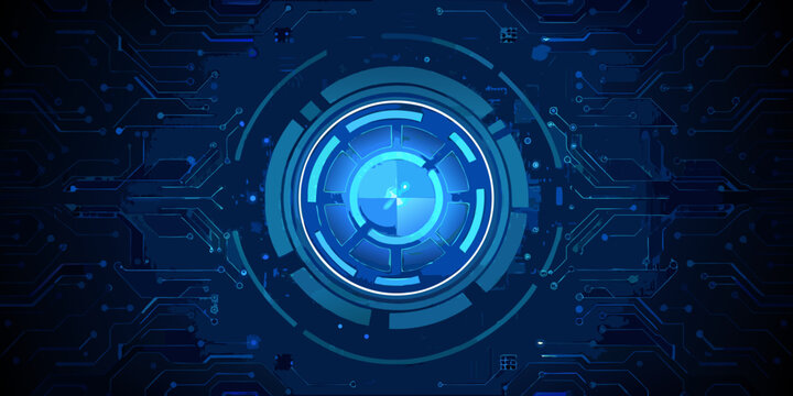 futuristic circular hud interface with glowing blue circuit pattern