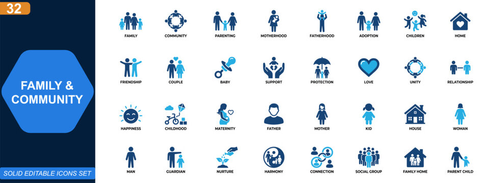 Family and community icon set. Parenting, motherhood, fatherhood, adoption, children care, partnership, friendship, home unity, support protection. Editable icons collection. Vector.