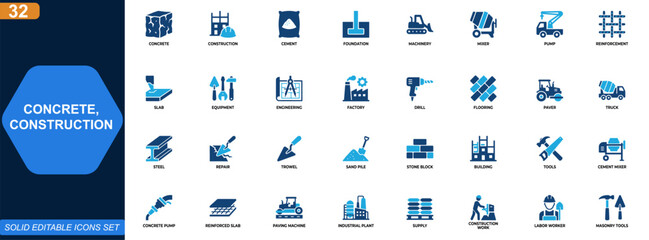 Obraz na płótnie Canvas Concrete construction icon set. Cement, foundation, machinery, mixer, pump, reinforcement, slab, equipment, engineering, factory. Editable icons collection. Vector.