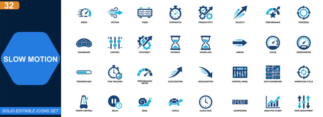 Slow motion and speed control icon set. Productivity, timer, stopwatch, performance, velocity, dashboard, progress, patience. Editable icons collection. Vector. © aura studio