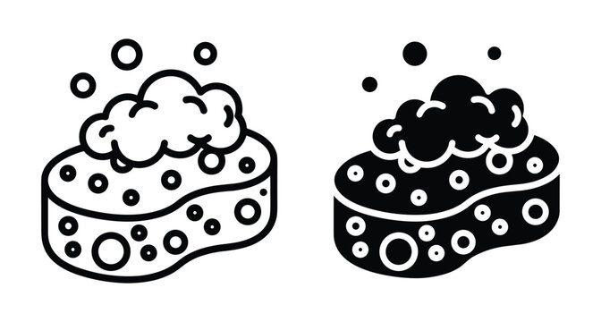 Cleaning sponge icon set with soap bubbles and foam for washing dishes or body care in bathroom and kitchen housework