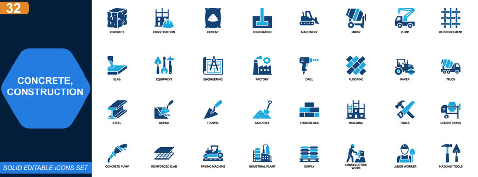 Concrete construction icon set. Cement, foundation, machinery, mixer, pump, reinforcement, slab, equipment, engineering, factory. Editable icons collection. Vector.