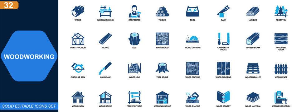 Woodworking and timber tools icon set. carpenter, woodworking, timber, forestry, construction, saw, lumber, wood materials, carpentry equipment. Editable icons collection. Vector.