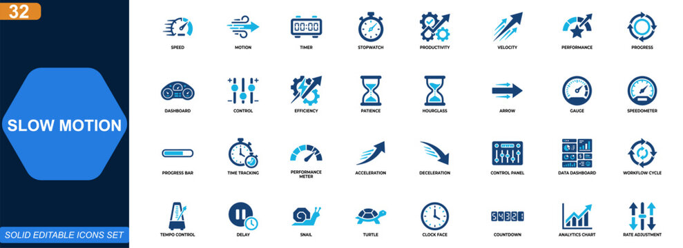 Slow motion and speed control icon set. Productivity, timer, stopwatch, performance, velocity, dashboard, progress, patience. Editable icons collection. Vector.