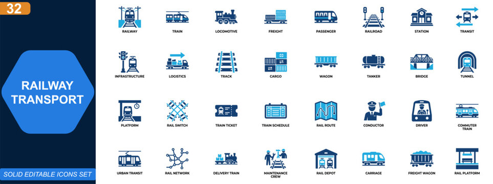 Railway transport icon set. Train, locomotive, freight, passenger, station, railroad, transit, logistics, infrastructure. Editable icons collection. Vector.