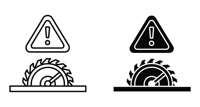 Industrial circular saw blade safety warning icon set featuring exclamation mark triangle symbol for carpentry workshop wood cutting machine protection