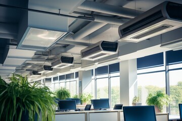 Fototapeta premium Contemporary open plan office showing hvac units, ventilation ducts, and green plants