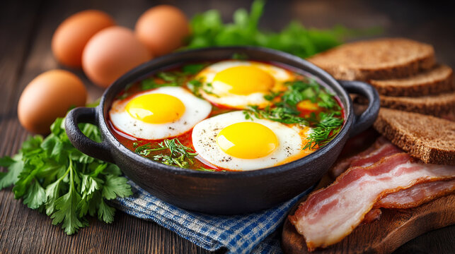 Hearty breakfast with fried eggs bacon toast cooked food photography food and drin