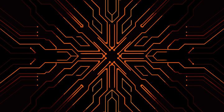 circuit board pattern symmetrical orange lines on black background